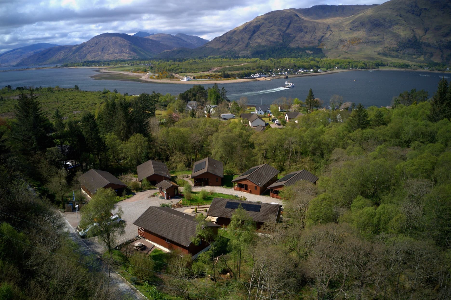 Aerial view of Birchbrae, the Corran Ferry is only a 5 minute walk from your Lodge