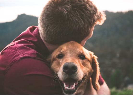 man embracing happy dog with dog looking at camera