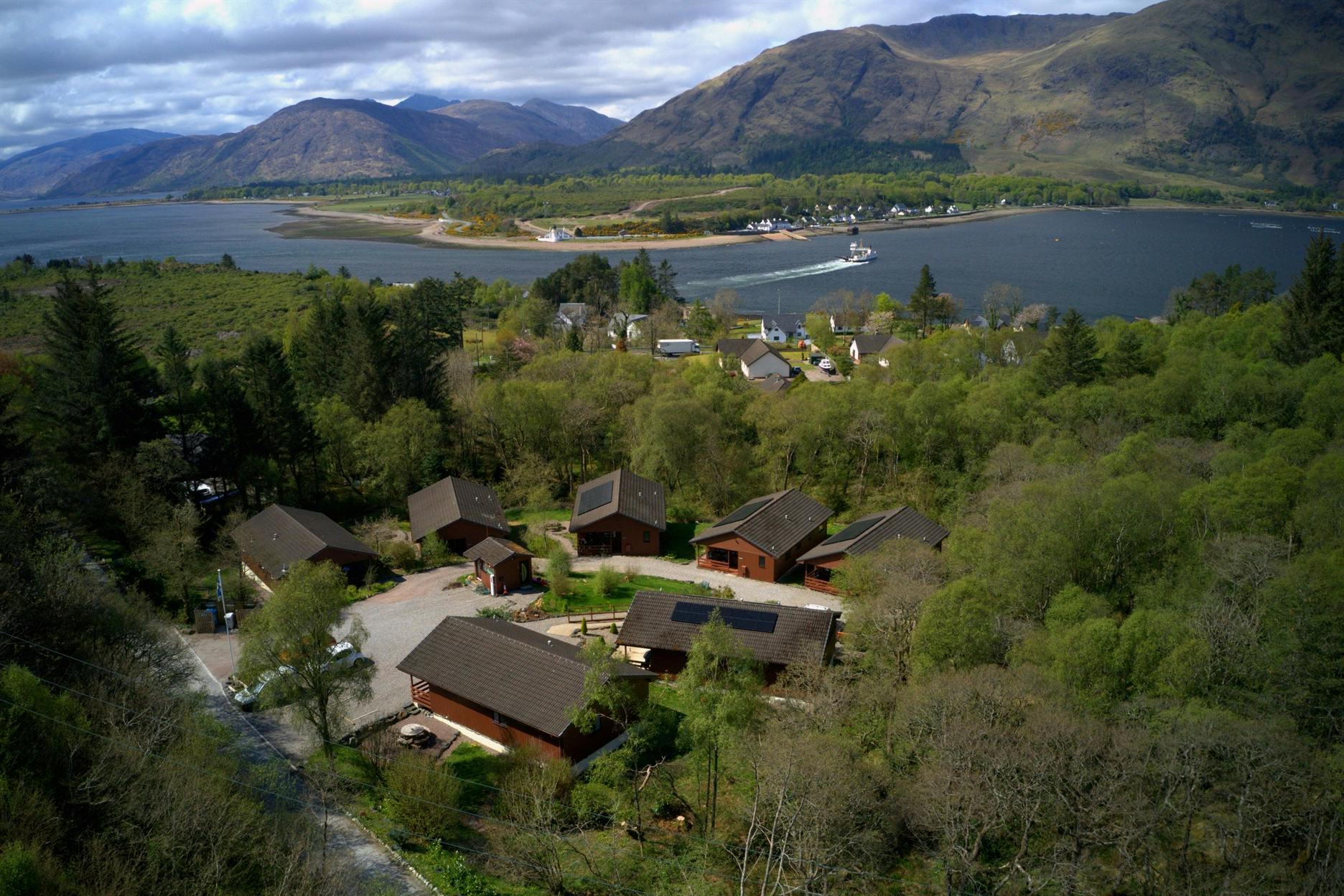 Aerial view of Birchbrae, the Corran Ferry is only a 5 minute walk from your Lodge
